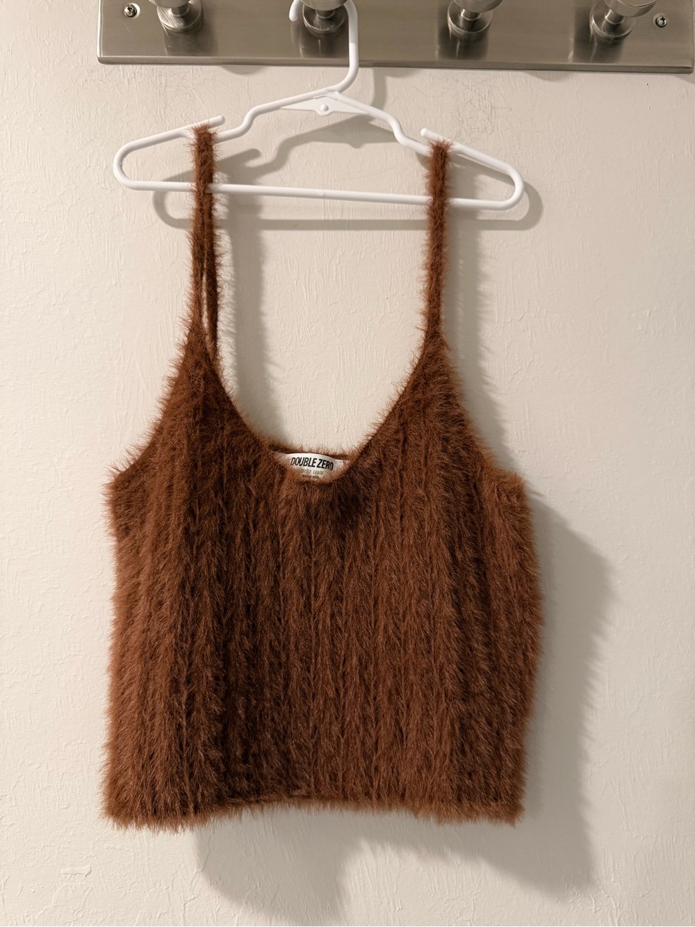 Double Zero Brown Fuzzy Eyelash Knit Crop Tank Top Cami Large Y2K